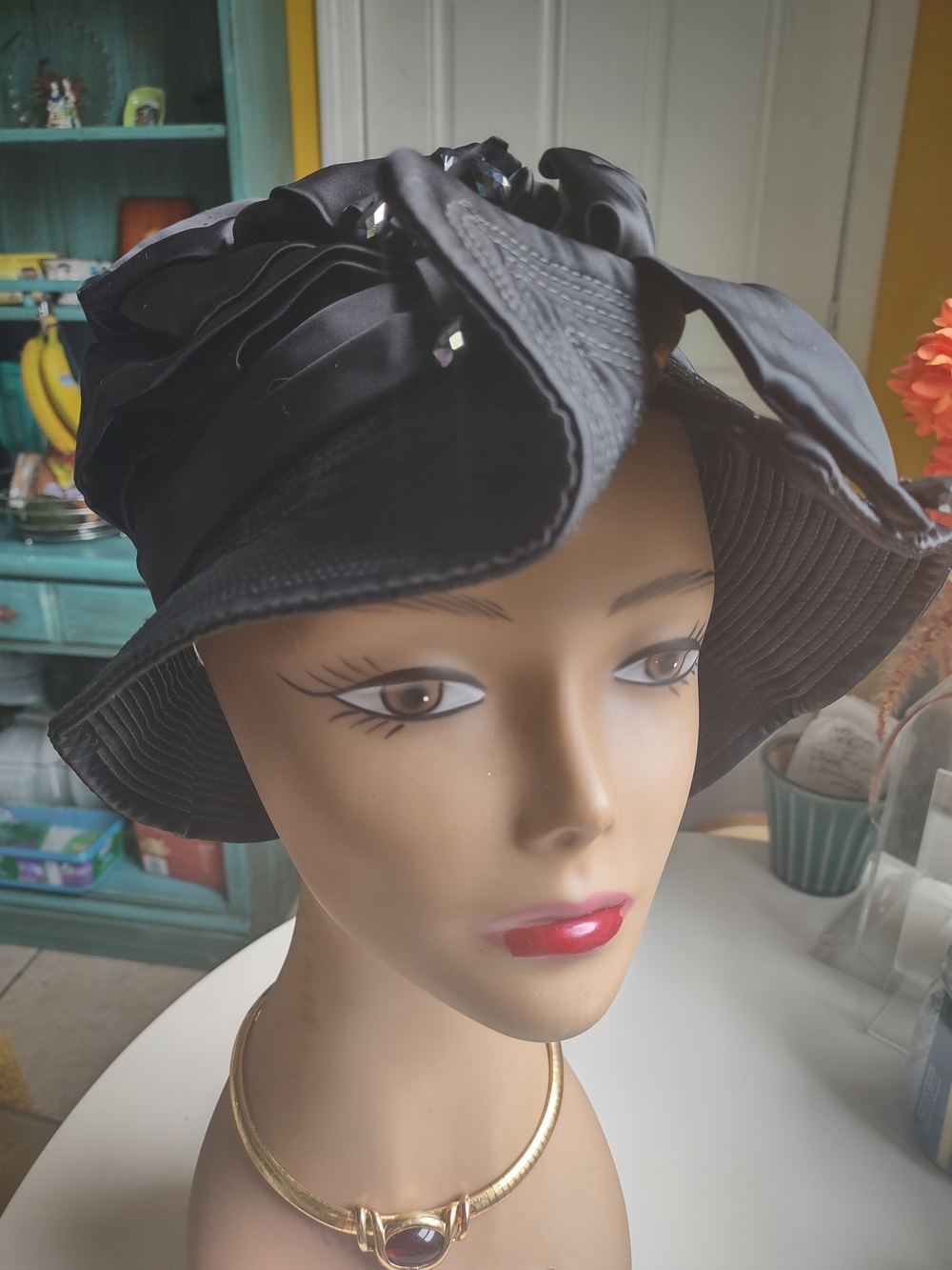Charo Original Vintage Satin Fabric Brim Hat with Pleating and Iridescent Beads